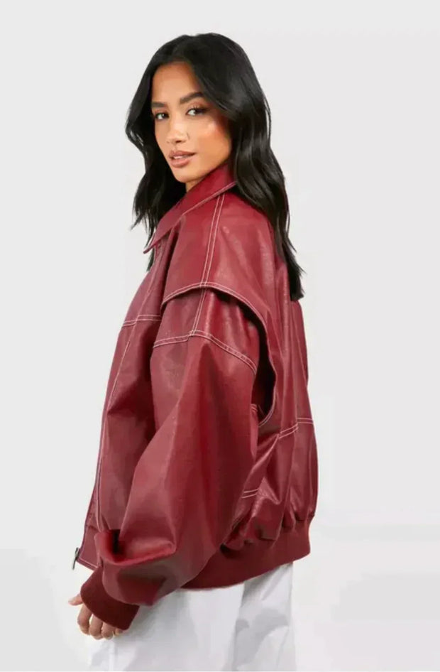 Faye | Red Leather Bomber Jacket